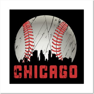 Distressed Chicago Downtown Skyline Baseball Vintage Posters and Art